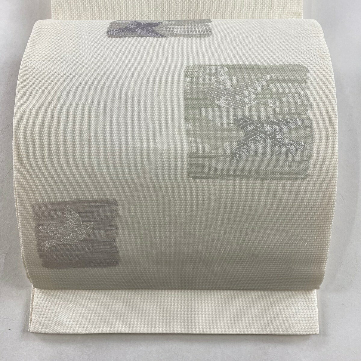 袋帯 秀品 夏帯 絽 鳥 ヱ霞 銀糸 クリーム 六通 正絹 【中古】