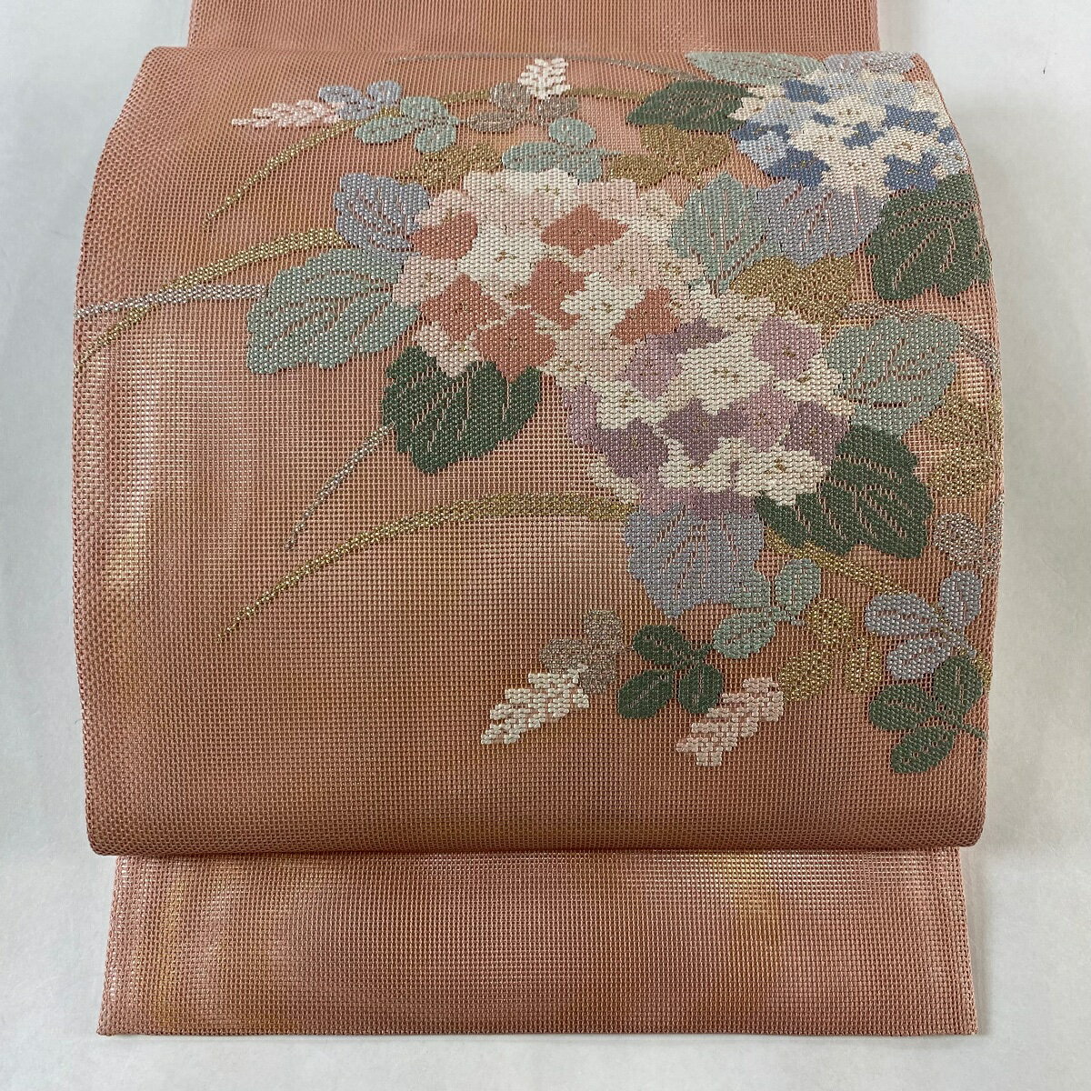 袋帯 美品 秀品 夏帯 紗 紫陽花 萩 金銀糸 箔 ピンク お太鼓柄 正絹 【中古】