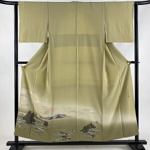 付下げ 身丈153.5cm 裄丈63cm S 袷 落款あり 二見興玉神社 海 金銀彩 ぼかし 灰緑 正絹 美品 秀品 一つ紋 【中古】