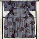 浴衣 身丈152cm 裄丈66cm M 絞り浴衣 花 波 紺色 綿 名品 【中古】