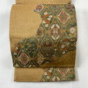 袋帯 秀品 向かい鶴 草花 刺繍 金糸 薄茶色 六通 正絹 【中古】 msp50