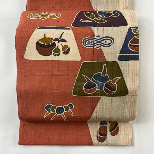袋帯 美品 秀品 落款あり 紬地 草花 生り物 朱色 お太鼓柄 正絹 【中古】 袋帯 美品 秀品 落款あり 紬地 草花 生り物 朱色 お太鼓柄 正絹 【中古】
