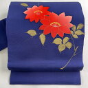 名古屋帯 秀品 草花 金彩 青 正絹 【中古】(4)