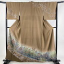 訪問着 身丈158cm 裄丈67cm M 袷 草花 向かい鳥 金彩 ぼかし 茶色 正絹 美品 名品 【中古】 msp50