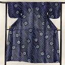 浴衣 身丈146cm 裄丈62cm S 花 よろけ縞 濃紺 綿 美品 名品 【中古】