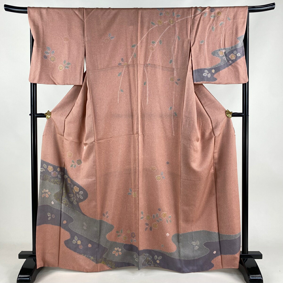 訪問着 身丈163.5cm 裄丈68cm L 袷 草花 霞 金彩 絞り ピンク 正絹 秀品 【中古】 msp70