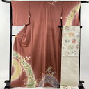【在庫一掃】 付下げ 身丈167.5cm 裄丈66.5cm M 袷 袋帯セット 草花 短冊 金彩 染分け 小豆色 正絹 秀品 【中古】