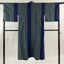 道中着 身丈133cm 裄丈66cm M 和装コート 縦縞 灰緑 正絹 美品 名品 【中古】