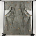 小紋 身丈161.5cm 裄丈65cm M 袷 紬地 個性的 魚 蟹 灰緑 正絹 美品 逸品 【中古】