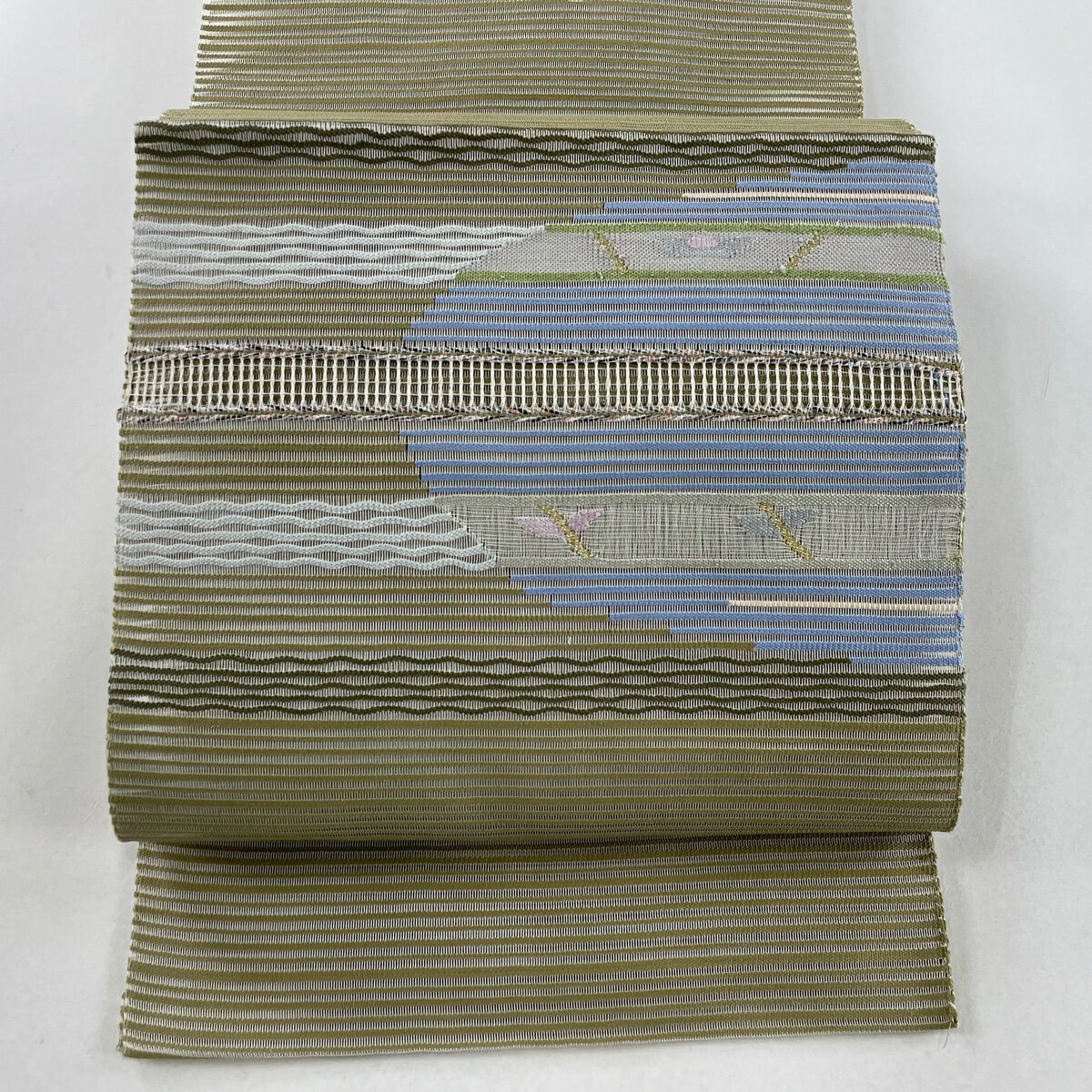 開き名古屋帯 秀品 夏帯 絽 八寸名古屋帯 縞 幾何学模様 金銀糸 鶯色 お太鼓柄 正絹 【中古】