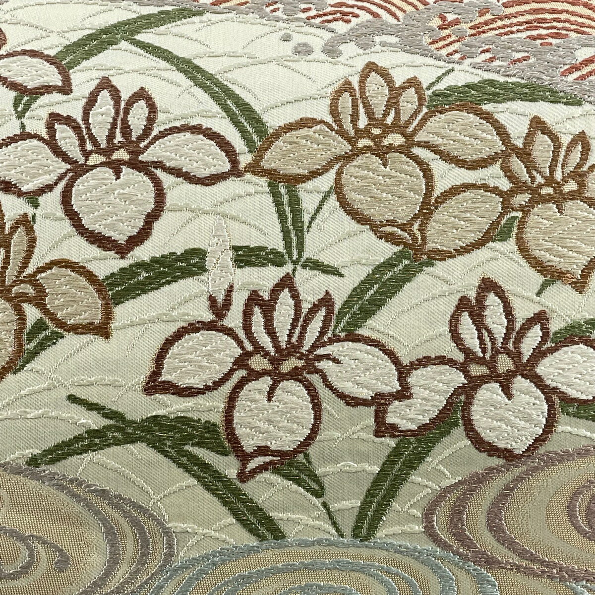 袋帯 美品 秀品 草花 流水 刺繍 金糸 灰緑 六通 正絹 【中古】 msp50