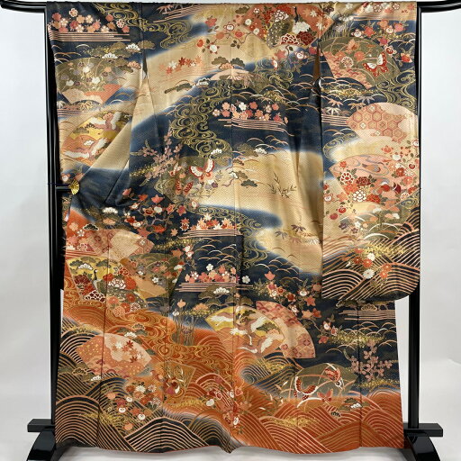 振袖 身丈166cm 裄丈66cm M 袷 扇面 花鳥 金彩 ぼかし 濃紺 正絹 名品 【中古】 振袖 身丈166cm 裄丈66cm M 袷 扇面 花鳥 金彩 ぼかし 濃紺 正絹 名品 【中古】