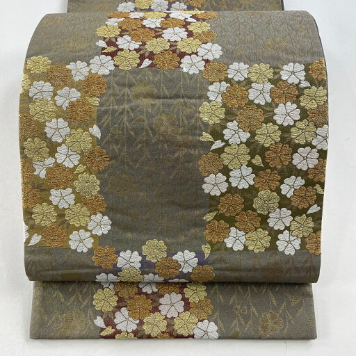袋帯 名品 桜 金糸 箔 灰茶 六通 正絹 【中古】 袋帯 名品 桜 金糸 箔 灰茶 六通 正絹 【中古】