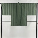 道中着 身丈84cm 裄丈66cm M 和装コート 紬地 縦縞 灰緑 正絹 美品 秀品 【中古】 msp50