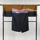 道行 身丈105.5cm 裄丈69cm L 和装コート 千代田衿 三本賢 霞 幾何学 縮緬縮緬 黒 正絹 美品 逸品 【中古】
