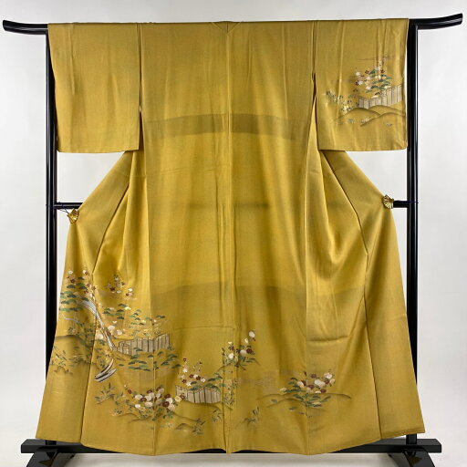 訪問着 身丈159.5cm 裄丈65cm M 袷 橋 松竹梅 金彩 ぼかし 山吹色 正絹 秀品 【中古】 msp70 訪問着 身丈159.5cm 裄丈65cm M 袷 橋 松竹梅 金彩 ぼかし 山吹色 正絹 秀品 【中古】 msp70