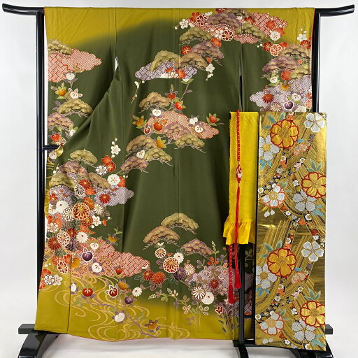 振袖 身丈161cm 裄丈64cm M 袷 袋帯フルセット 菊 流水 金糸 金彩 茶緑色 正絹 美品 秀品 【中古】 振袖 身丈161cm 裄丈64cm M 袷 袋帯フルセット 菊 流水 金糸 金彩 茶緑色 正絹 美品 秀品 【中古】