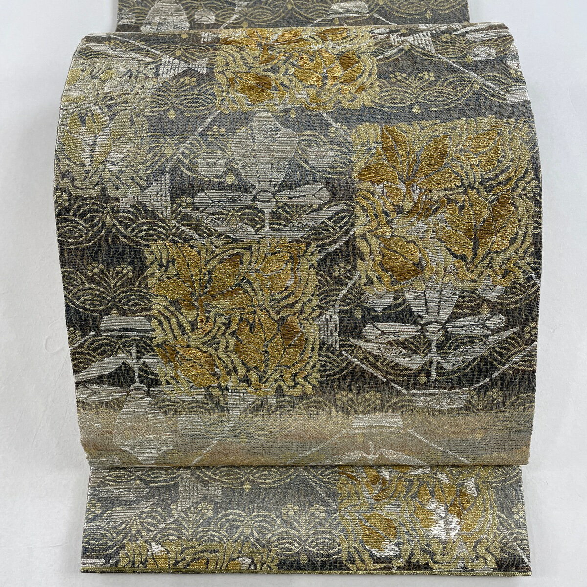 袋帯 美品 名品 草花 金銀糸 箔 金色 六通 正絹 【中古】