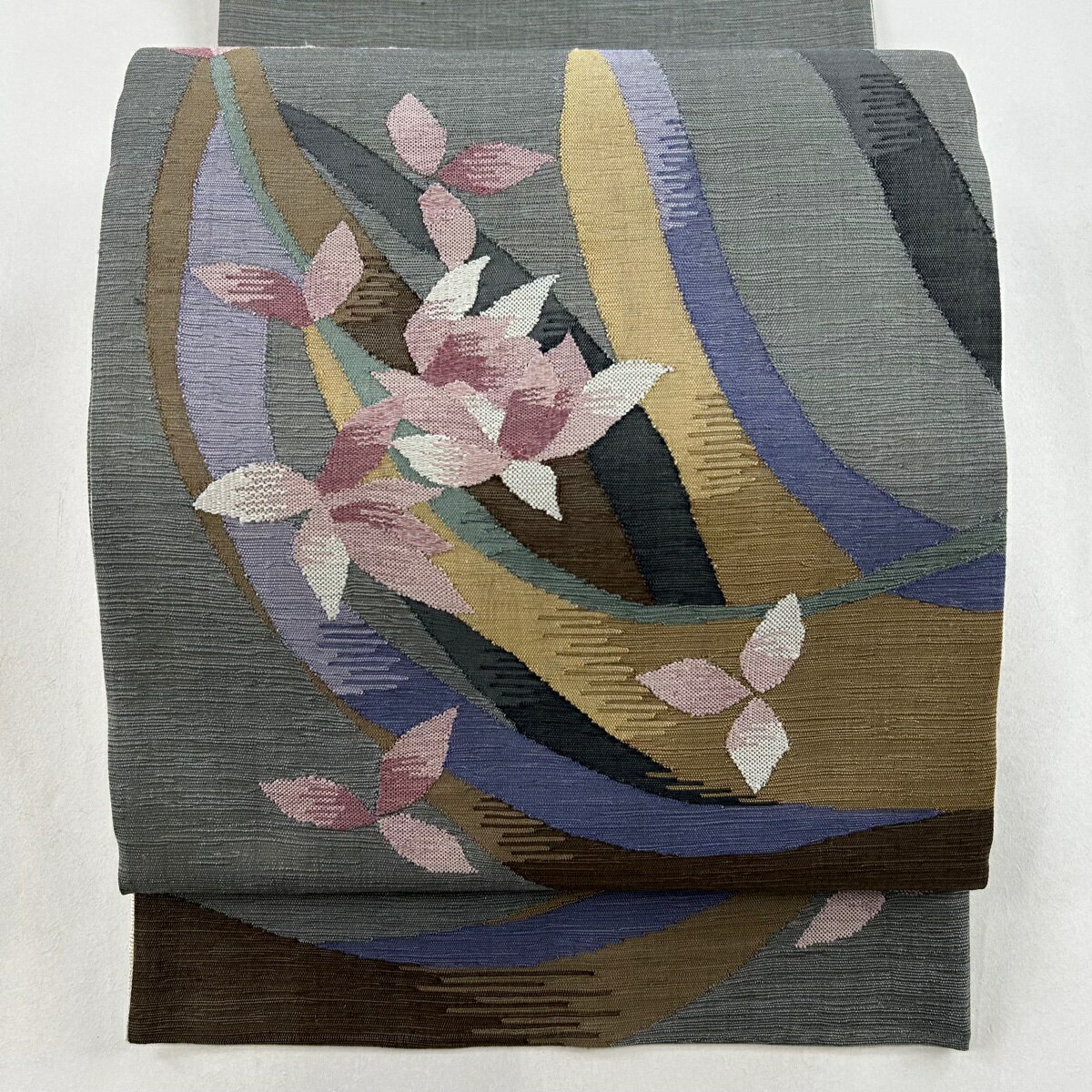 袋帯 美品 名品 灰色 お太鼓柄 正絹 【中古】