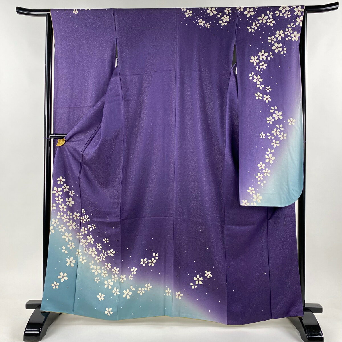 振袖 身丈163cm 裄丈64.5cm M 袷 二代目清次郎 落款あり 桜 金通し ぼかし 紫 正絹 美品 逸品 【中古】 msp30