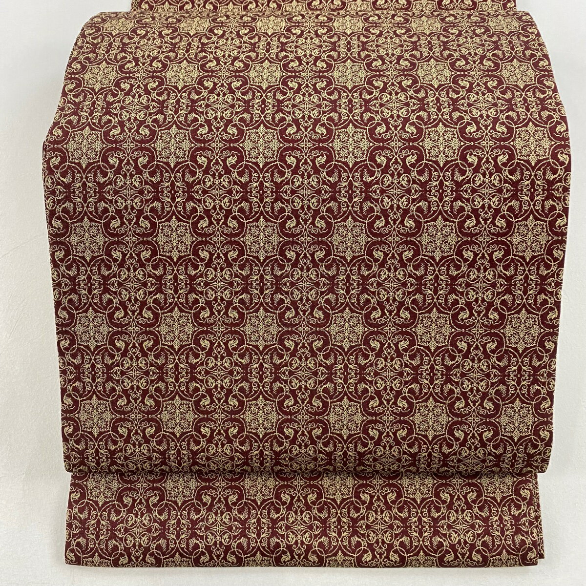 開き名古屋帯 美品 名品 龍村美術織物 葡萄唐草文錦 赤紫 正絹 【中古】