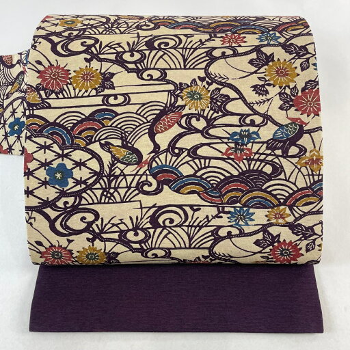 名古屋帯 名品 紬地 鳥 草花 ベージュ 正絹 【中古】 msp30 名古屋帯 名品 紬地 鳥 草花 ベージュ 正絹 【中古】 msp30