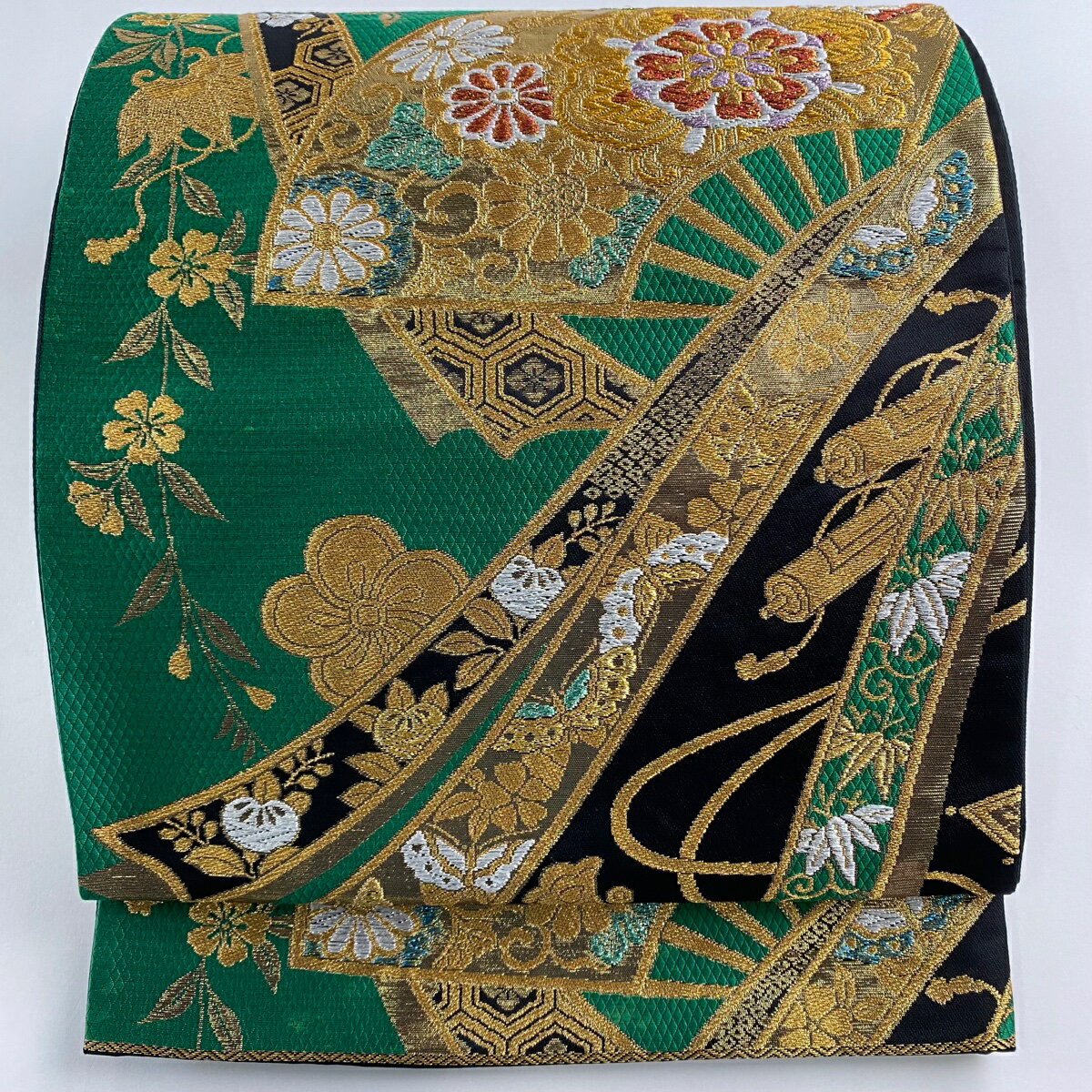 袋帯 秀品 扇 華文 箔 金糸 緑 六通 正絹 【中古】