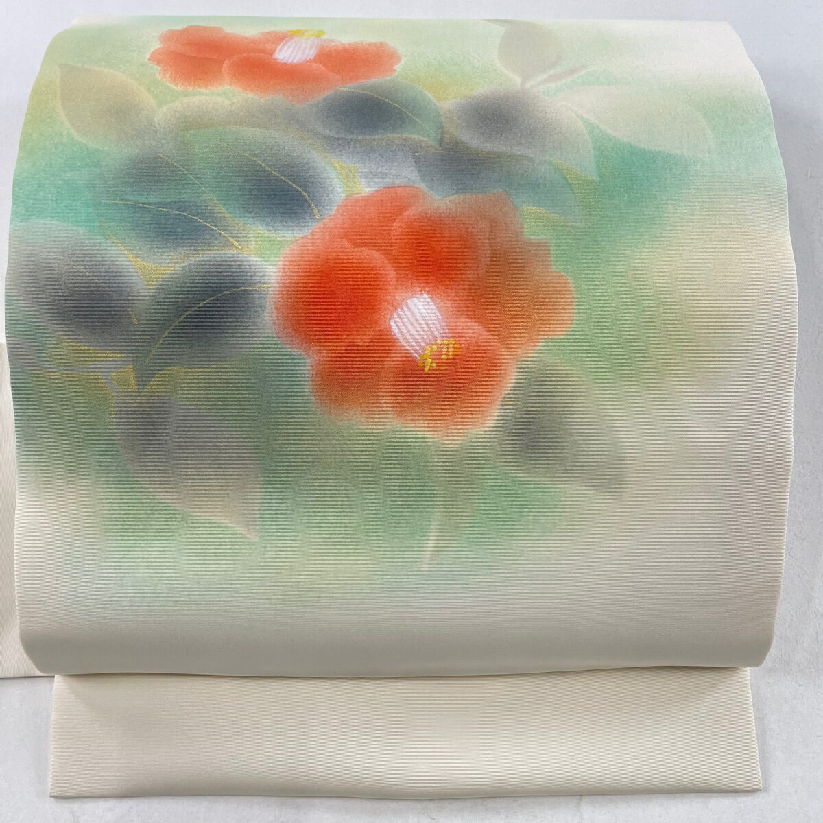 名古屋帯 美品 秀品 落款あり 椿 金彩 クリーム 正絹 【中古】