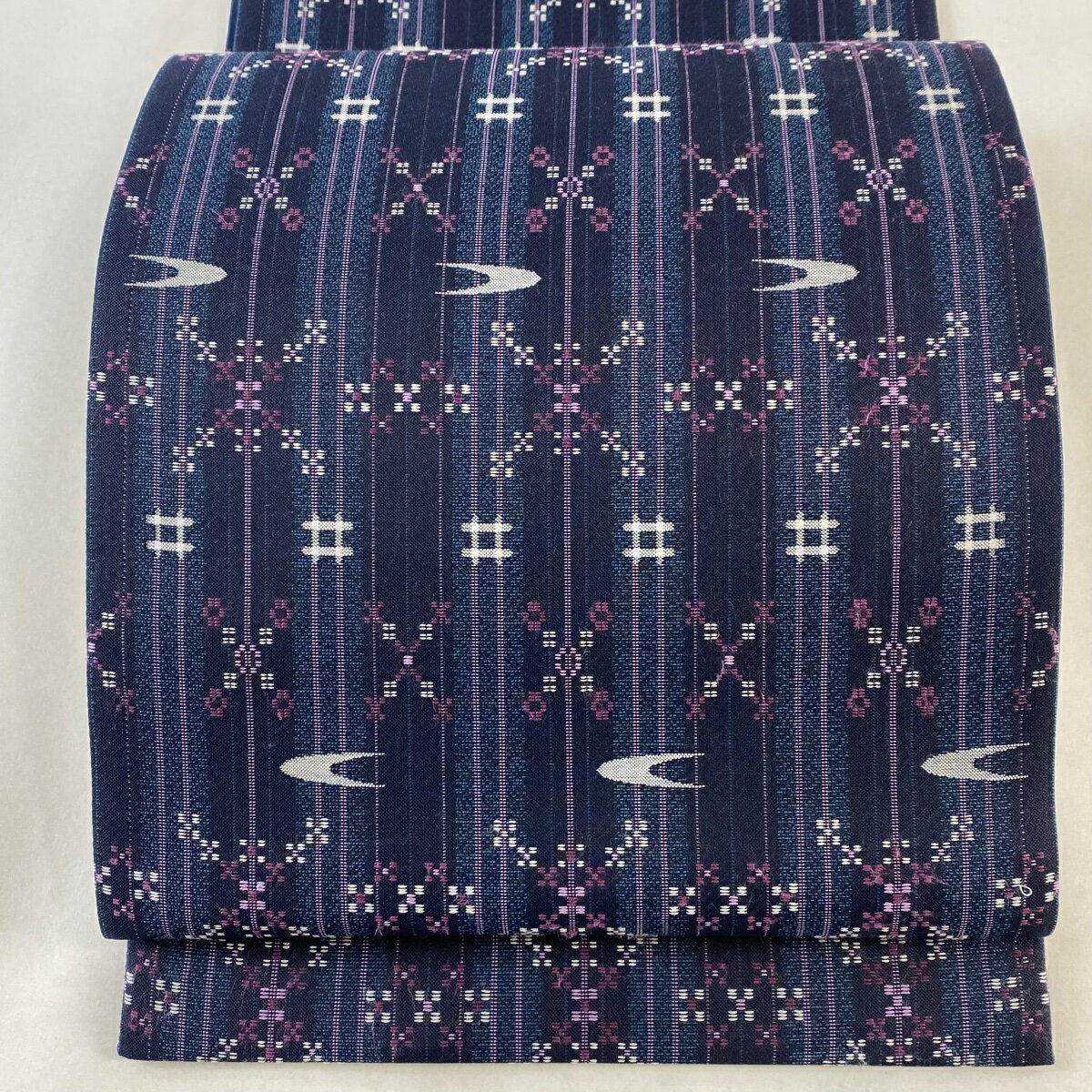 袋帯 名品 縞 井桁絣 濃紺 六通 正絹 【中古】