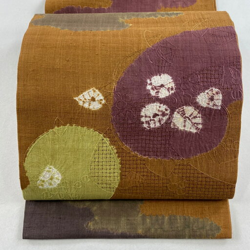 開き名古屋帯 秀品 紬地 葉柄 霞 刺繍 絞り 茶色 正絹 【中古】 開き名古屋帯 秀品 紬地 葉柄 霞 刺繍 絞り 茶色 正絹 【中古】