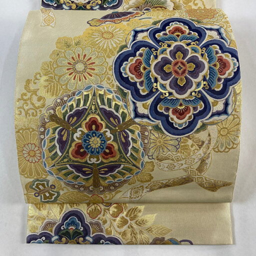 袋帯 美品 秀品 華文 鳳凰 金糸 箔 ベージュ 六通 正絹 【中古】 袋帯 美品 秀品 華文 鳳凰 金糸 箔 ベージュ 六通 正絹 【中古】