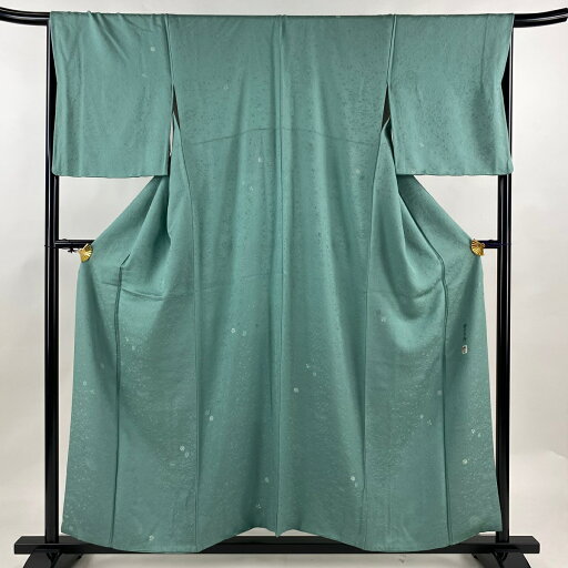 小紋 身丈155.5cm 裄丈66.5cm M 袷 柿本市郎 落款あり 菊 萩 刺繍 灰緑 正絹 秀品 一つ紋 【中古】 小紋 身丈155.5cm 裄丈66.5cm M 袷 柿本市郎 落款あり 菊 萩 刺繍 灰緑 正絹 秀品 一つ紋 【中古】