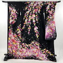 振袖 身丈172cm 裄丈73cm L 袷 雪輪 草花 銀通し 刺繍 黒 正絹 美品 逸品 【中古】