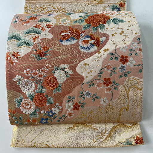 袋帯 秀品 関西仕立て 鴛鴦 草花 金糸 箔 ピンク 六通 正絹 【中古】 袋帯 秀品 関西仕立て 鴛鴦 草花 金糸 箔 ピンク 六通 正絹 【中古】
