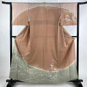訪問着 身丈159cm 裄丈64cm M 袷 椿 草花 金彩 染め分け ピンクベージュ 正絹 秀品 一つ紋 【中古】