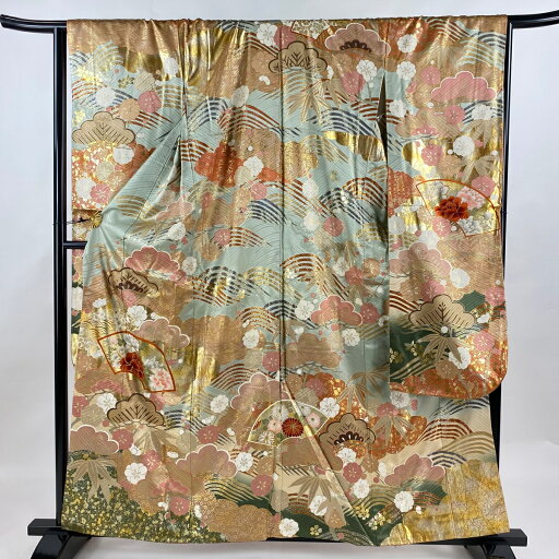 振袖 身丈160.5cm 裄丈66cm M 袷 扇面 松竹梅 金糸 金銀彩 灰緑 正絹 秀品 【中古】 振袖 身丈160.5cm 裄丈66cm M 袷 扇面 松竹梅 金糸 金銀彩 灰緑 正絹 秀品 【中古】