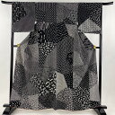 小紋 身丈160.5cm 裄丈66cm M 袷 寄せ柄 花 黒 正絹 美品 名品 【中古】 msp50