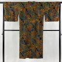 道行 身丈130cm 裄丈66cm M 和装コート 千代田衿 草花 菊 青緑 正絹 美品 逸品 【中古】