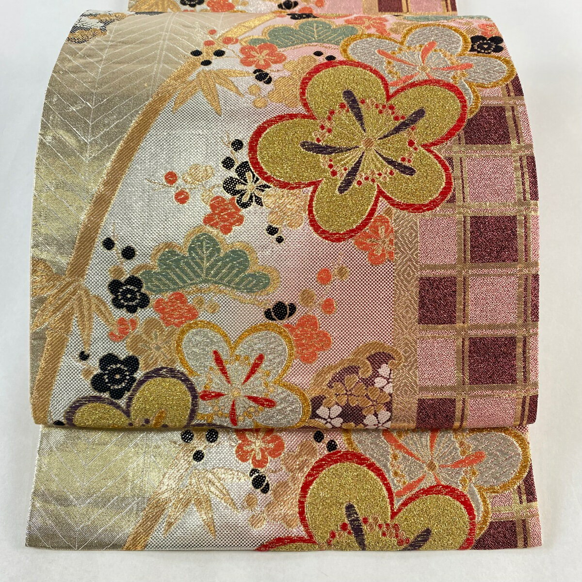 袋帯 秀品 松竹梅 金銀糸 箔 薄ピンク 六通 正絹 【中古】