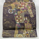 袋帯 美品 逸品 じゅらく 落款あり 帝王紫 短冊 槌車 金糸 箔 紫 お太鼓柄 正絹 【中古】(4)