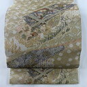 袋帯 美品 名品 紹巴織 松竹梅 向かい鳥 金糸 ベージュ お太鼓柄 正絹 【中古】 msp50