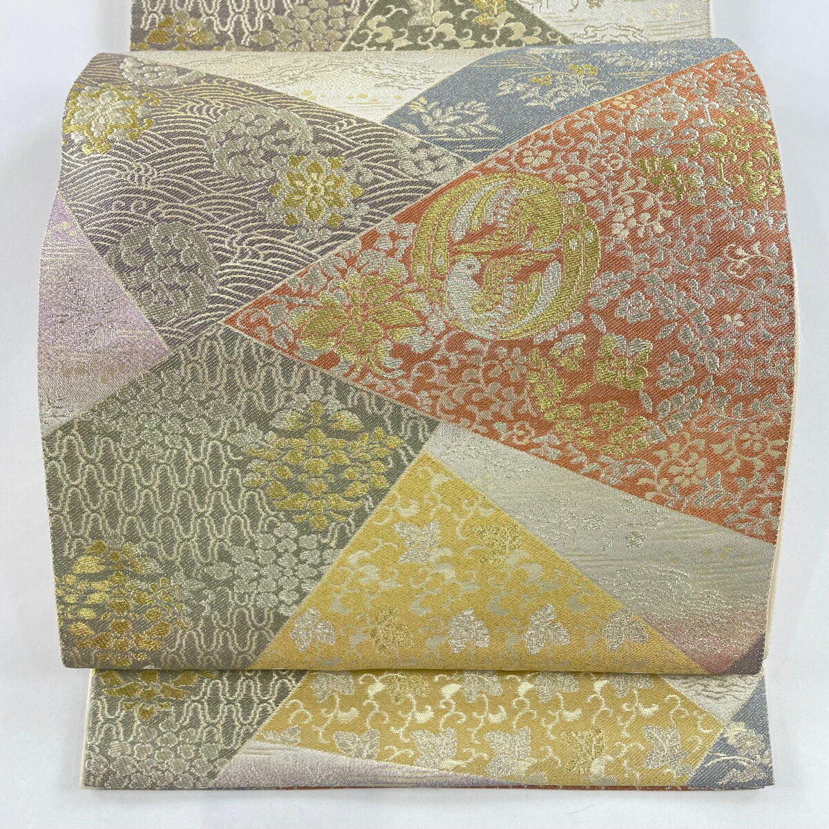 袋帯 美品 秀品 花鳥 花唐草 金銀糸 箔 ベージュ 六通 正絹 【中古】