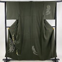 付下げ 身丈157cm 裄丈63cm S 袷 枝梅 波 金糸 絞り 茶緑色 正絹 秀品 【中古】