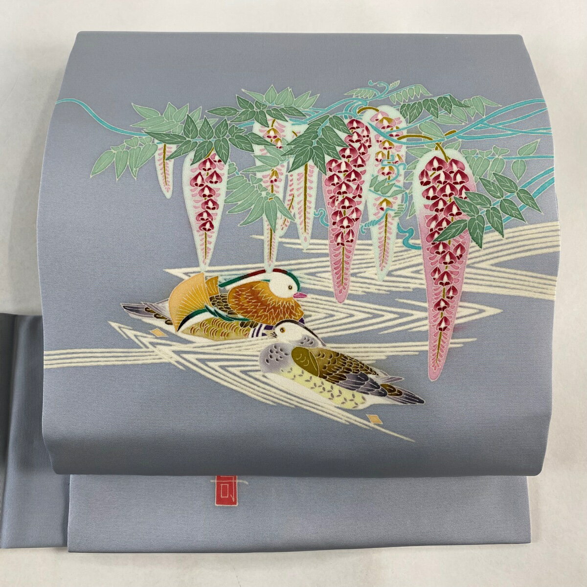 名古屋帯 美品 名品 鴛鴦 藤 青灰色 正絹 【中古】