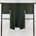 道中着 身丈102cm 裄丈64.5cm M 和装コート 着物衿 リバーシブル よろけ縞 地紋 縦ぼかし 茶緑色 正絹 美品 逸品 【中古】