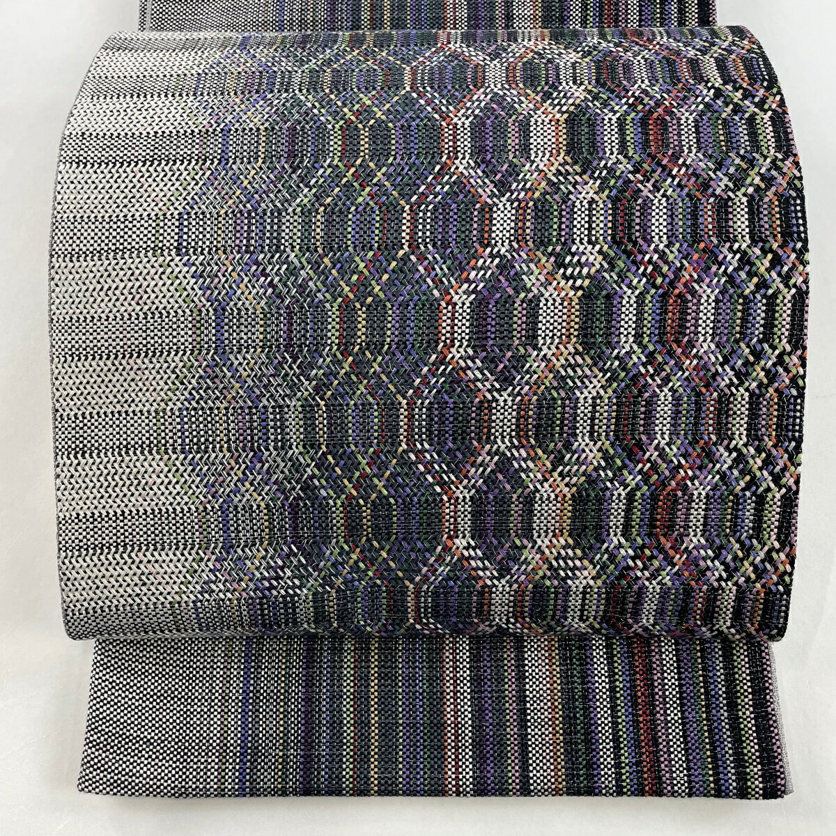 袋帯 名品 幾何学模様 銀糸 紫 お太鼓柄 正絹 【中古】