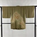 道行 身丈86cm 裄丈62.5cm S 和装コート 角衿 松竹梅 牡丹 刺繍 ぼかし 鶯色 正絹 美品 逸品 【中古】