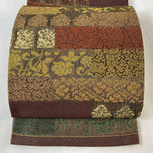 袋帯 美品 秀品 草花 寄せ柄 金糸 茶紫 六通 正絹 【中古】 袋帯 美品 秀品 草花 寄せ柄 金糸 茶紫 六通 正絹 【中古】