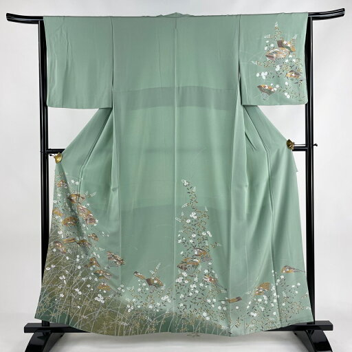 訪問着 身丈160cm 裄丈63.5cm S 袷 扇面 鶴 金糸 金彩 薄緑 正絹 美品 秀品 【中古】 訪問着 身丈160cm 裄丈63.5cm S 袷 扇面 鶴 金糸 金彩 薄緑 正絹 美品 秀品 【中古】