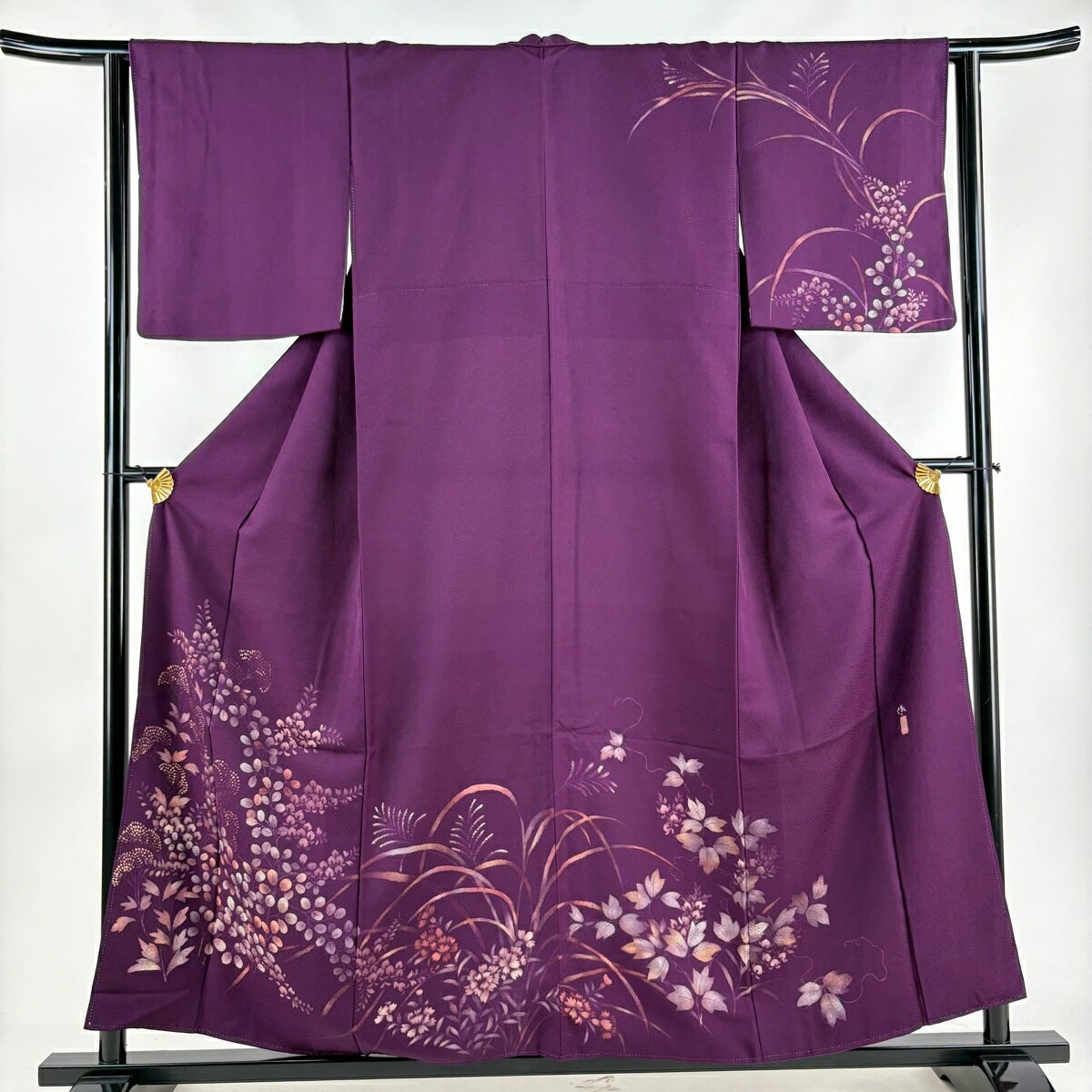訪問着 身丈156.5cm 裄丈63.5cm S 袷 落款あり 萩 草花 金彩 紫 正絹 秀品 【中古】